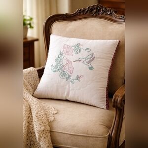 handmade embroidered hummingbird pillow boho cottagecore floral accent